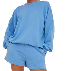 Conjunto de 2 Piezas para Mujer, Shorts de Punto Azules, Cuello Redondo, Manga Larga, Corte Holgado, Estilo Casual, Primavera/Verano, Color Sólido, Diseño con Bolsillos - Product Image 1
