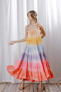 Vestido Maxi de Fiesta Formal Elegante para Otoño, Vestido de Mujer de Poliéster/Algodón con Estampado Tie-Dye Arcoíris, Corte A, Transpirable, Escote Redondo - Product Image 3