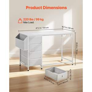 Modern 47-Inch Reversible <b>White</b> Computer <b>Desk</b> Fabric <b>Drawers</b> Simple Metal Frame Study Work Writing Table Cute PC Furniture for - Product Image 3