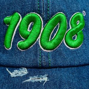 Dark Blue Washed Distressed Denim Baseball <b>Cap</b> with Green Embroidered 1908 Design Adjustable <b>Vintage</b> Casual Outdoor Fashion Hat - Product Image 5