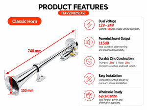 แตรลมคลาสสิค 740 มม. ทำจากสังกะสี 12V-24V 115dB แรงดันคู่ สำหรับติดตั้งเพิ่มเติมในยานพาหนะ - Product Image 1