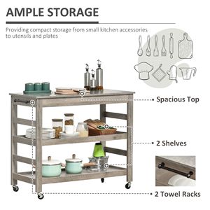 Carrello da Cucina Grigio con Design Antico, Piano in Acciaio Inox, Ripiano Inferiore e Centrale, 4 Ruote Girevoli, Materiale Metallico Resistente - Product Image 4