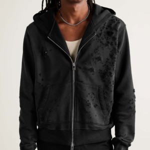 Sweat-shirt à capuche zippé noir pour homme, 100 % coton molletonné, coupe décontractée, couleur unie, anti-boulochage, design délavé, coupe-vent - Product Image 1