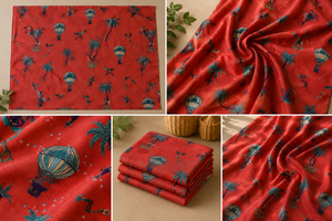 Tissu en coton léger et écologique imprimé à la main motif montgolfière rouge, thème artistique voyage, pour robes de garçons, sacs et décoration intérieure - Product Image 1
