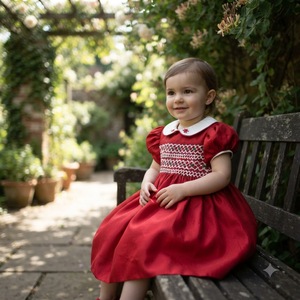 Robe Bouffante Superbe pour Filles et Bébés, Rouge, Respirante, à Motifs Géométriques, Broderie Smockée Main Anglaise, Superposée, Idéale Noël, ODM/OEM - Product Image 1