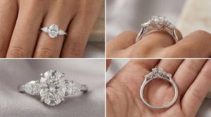 Elegante Anillo de Compromiso de Oro Blanco de 14K/18K con Moissanita Ovalada y Diamantes Laterales con Corte de Pera, Anillo de Boda de Tres Piedras, Joyería Fina Nupcial - Product Image 3