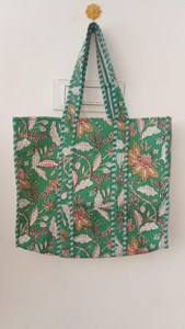 Women Green <b>Quilted</b> Cotton Tote Bag with Blue Floral Hand Block print Open Casual Shopping Reusable <b>Handbag</b> - Product Image 4