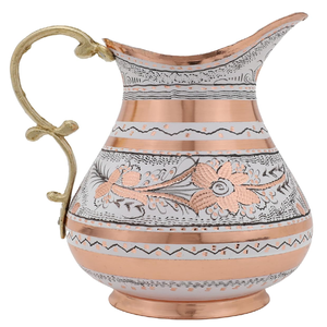 Ornate made in India checkered and floral <b>copper</b> water pitcher with brass <b>handles</b>, available at wholesale prices. - Product Image 6