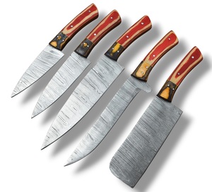 Juego de Cuchillos de Chef de Acero de Damasco de Cinco Piezas Nordic Forge con Mangos de Madera Pakka, Juego de Cuchillos de Cocina Hechos a Mano OEM Personalizados con Bolsa Enrollable - Product Image 1