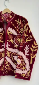 Luxury Burgundy <b>Velvet</b> Suzani <b>Jacket</b> with Tropical Floral Embroidery Full Sleeve Stand Collar Bohemian <b>Women's</b> Winter Coat - Product Image 5