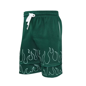 Pantalones Cortos Deportivos de Malla Verde para Hombre con Estampado de Llama Blanca en la Parte Delantera, Cintura con Cordón Ajustable, Tejido Transpirable 100% de Punto - Product Image 4