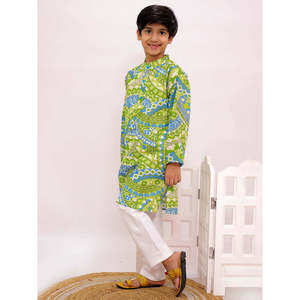 Kurta en coton tissé à manches longues pour garçons, imprimé vert lime et blanc sur toute la surface, avec pyjama - Product Image 5