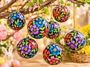 Ornement suspendu en papier mâché fait main, motif floral traditionnel, peint à la main, imprimé 3 couleurs, de haute qualité, pour arbre de Noël - Product Image 1