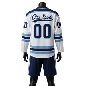 Conjunto de Camiseta y Pantalones Cortos de Hockey sobre Hielo Sublimados en Blanco y Azul para Hombre, Uniforme Deportivo con Cuello en V de Poliéster, Ropa de Equipo para Entrenamiento y Partidos - Product Image 2