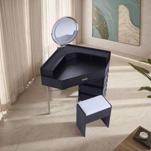 Set Toeletta Nera con Specchio Illuminato Tricolore Rimovibile, Quattro Cassetti e Prese Elettriche - Product Image 2