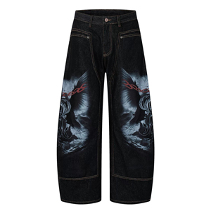 Pantalones Vaqueros con Estampado Gráfico, Corte Holgado, Diseño Personalizado, Lavado Vintage, Estilo Barrel, Rectos, Streetwear, Hip Hop, Y2K - Product Image 1