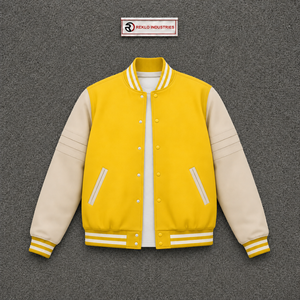 PREMIUM YELLOW LETTERMAN VARSITY <b>JACKET</b> FOR <b>MEN</b> With Beige Sleeves And <b>White</b> Trim Casual Autumn Wear STYLISH COLLEGE DAILY WEAR - Product Image 5