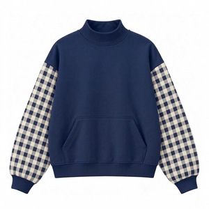 Women Mock Neck Sweatshirt Blue Gingham <b>Sleeve</b> <b>Long</b> <b>Sleeve</b> Casual <b>Top</b> Regular Fit Knitted Cotton Autumn Wear - Product Image 2