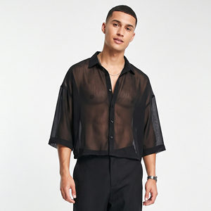 Chemises en maille transparente de style vintage, 100% polyester, boutonnées, transparentes, unisexes, col rabattu, chemises sexy transparentes - Product Image 6