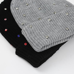 Wholesale Black Rhinestone Beanie <b>Hat</b> Rib Knit <b>Winter</b> Cap Unisex Soft Warm Skull Cap Custom Print Logo <b>Hat</b> - Product Image 4