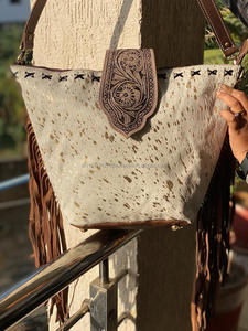 Hand Tooled Boho Style Women's Sling Bag Glitter Fur Leather Carving Tote Cute Cotton Logo Bohemian Fringe Leather Handbag - Product Image 3