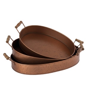 Set of 3 Copper Antique Galvanized Metal Oval Serving <b>Tray</b> With Wood Handle for Home and Hotel Drinks & <b>Snacks</b> Serving <b>Tray</b> - Product Image 1