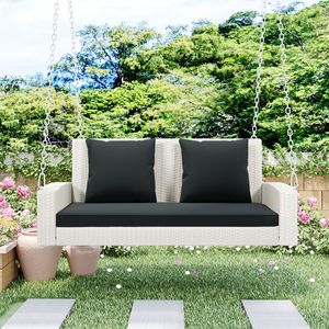 2-Person Wicker Hanging Porch Swing <b>Bench</b> with Chains <b>Cushion</b> Pillow for Garden Backyard or Pond - Product Image 6