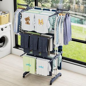 Étagère à linge portable pliable en acier inoxydable à 4 niveaux, 24 barres de suspension, 14 crochets, hauteur de 67,7 pouces, 4 roulettes pour le séchage - Product Image 4