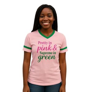 Camiseta de Manga Corta con Cuello en V, Color Rosa y Verde, Estilo Casual, Ropa Griega para Mujer, Cómoda, Marca Pretty in Pink Supreme - Product Image 1