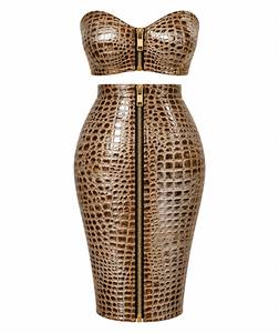 Custom Women’s Crocodile Embossed Genuine <b>Leather</b> Two Piece Set – Bandeau Crop <b>Top</b> & <b>High</b> Waist Pencil Skirt - Product Image 6