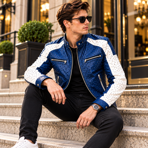 Blouson de motard en cuir de vachette clouté bleu pour homme, avec col montant et manches blanches, blouson de moto haut de gamme - Product Image 6