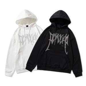 Pull à capuche ample personnalisé pour homme, avec lettrage gothique et détails en strass, idéal pour le streetwear européen et américain. - Product Image 1