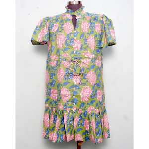 Women's Short-Length Soft Pure Cotton Midi <b>Dress</b> Hand Block Floral Print Minimalist Casual Party Wear Formal Sweet Natural - Product Image 2