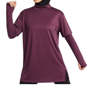 Blusas y Camisas para Mujer, Túnica Modesta con Cuello Alto, Color Granate, Manga Larga, Corte Holgado, Tallas Grandes, Camisetas Islámicas Modestas, Transpirables - Product Image 1