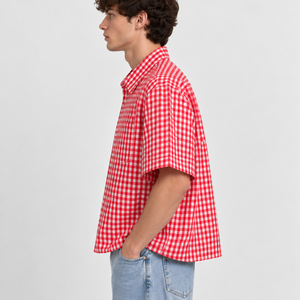 Custom <b>Men's</b> Gingham <b>Check</b> <b>Shirt</b> Red White <b>Short</b> <b>Sleeve</b> Cotton Casual Oversized Button Up Wholesale - Product Image 4