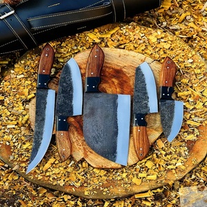 Custom Forged Damascus Steel Chef <b>Knife</b> <b>Set</b> Butcher Cleaver Ambidextrous Handle Leather Sheath-Pasha Enterprises Kitchen <b>Knives</b> - Product Image 1