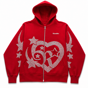 Khumbro <b>Red</b> Hooded Sweatshirt Rhinestone Heart Star Design Regular Fit Men Casual Winter French Terry 100% Cotton Hoodie - Product Image 2
