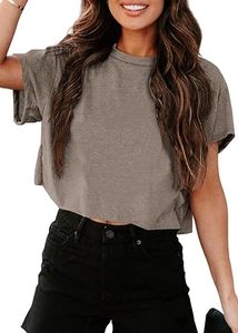 Camiseta corta rosa para mujer, manga corta, cuello redondo, informal, tejida, top corto, ropa de calle de verano - Product Image 4