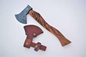 CUSTOM HANDMADE INDUSTRIAL DAMASCUS STEEL <b>AXE</b> HEAD ENGRAVED <b>WOOD</b> HANDLE with LEATHER SHEATH - Product Image 2