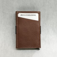 Dompet Kartu ID Kulit Asli Aluminium Metal dengan Tombol Tekan, Anti RFID, Dilengkapi Karet Elastis, Tipis, Pendek, Mini untuk Pria