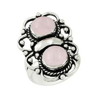 Bague Statement Vintage en Argent Sterling 925 avec Quartz Rose Rond Cabochon et Pierres Multiples, Faite à la Main