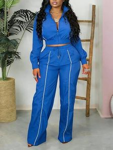 Ensemble 2 pièces sportif bleu pour femme : veste courte et pantalon large taille haute coupe décontractée – Collection Printemps/Été – Style streetwear décontracté - Product Image 3