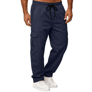Men's Navy Blue <b>Cargo</b> Sweatpants Elastic Waist Drawstring Multiple Pockets Casual Cotton Pants Autumn Wear - Product Image 2
