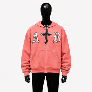 Sudadera con capucha rosa coral personalizada con cremallera, estilo gótico oversize con gráfico de cruz y letras AB, ropa urbana unisex de moda para hombre. - Product Image 1