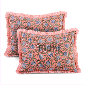 RIDHI 20x26" Dusty Rose Ruffle Lumbar Pillow Cover Set Hand Block Print Floral Western Style Cotton Customizable Removable Decor - Product Image 1