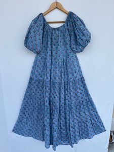 Robe longue décontractée en coton bleu ciel à imprimé floral pour femme, avec manches bouffantes et volants, vente en gros - Product Image 5