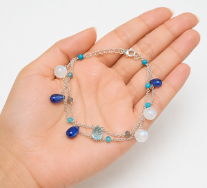 Natural Blue Kyanite & Moonstone Charm <b>Bracelet</b>, 925 Silver Layered Gemstone <b>Bracelets</b>, Delicate Layered Chain Jewelry - Product Image 1