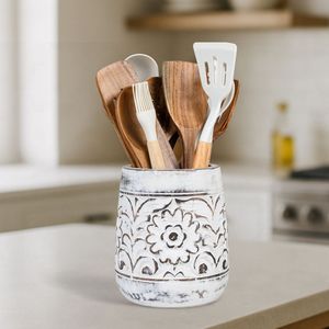 Support à ustensiles en bois sculpté à la main, motif floral vintage vieilli, pot à ustensiles de cuisine, organisateur de spatules style bohème, vente en gros - Product Image 1