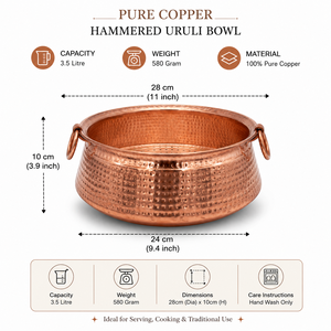 Hammered Pure <b>Copper</b> Uruli Bowl with Ring Handles for Cooking, Serving, Decor Traditional Indian Vessel Handmade <b>Copper</b> Kadhai - Product Image 5