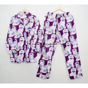 ชุดนอนฤดูร้อนลายสุนัขน่ารักหวานแหวว 3 ชิ้น ผ้าฝ้ายพิมพ์ลาย ขายส่ง ชุดนอนผู้หญิง เสื้อถักระบายอากาศ กางเกงขายาว - Product Image 1